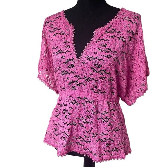 Mudd Hot Pink Sheer Lace Short Kimono Sleeve Babydoll Top - Picture 1 of 5